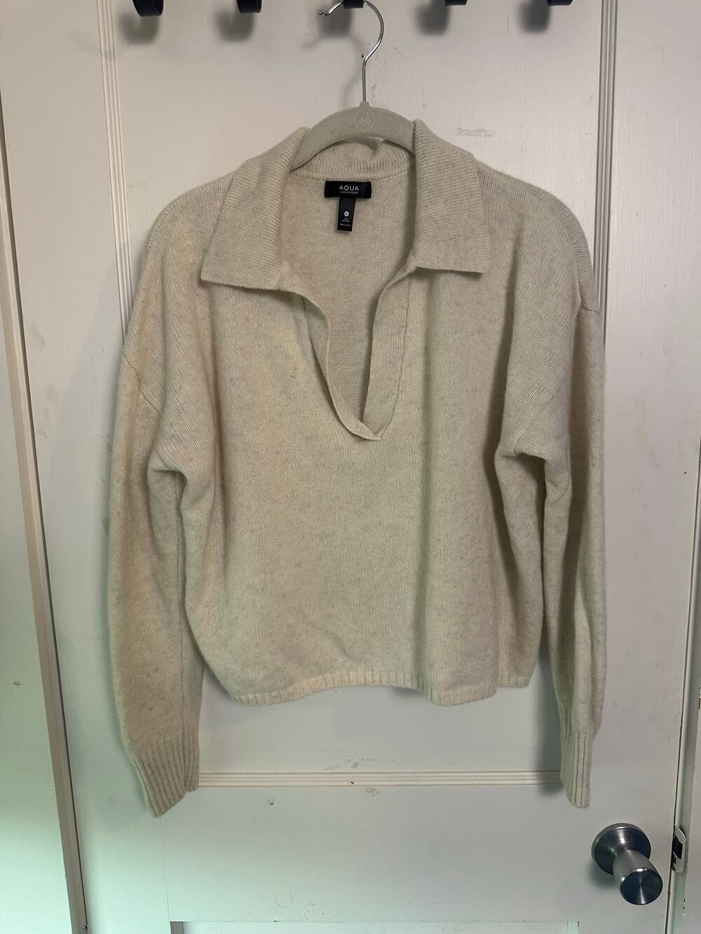 AQUA Cashmere Long Sleeve V-Neck Polo Pullover Sweater, Oatmeal, XL